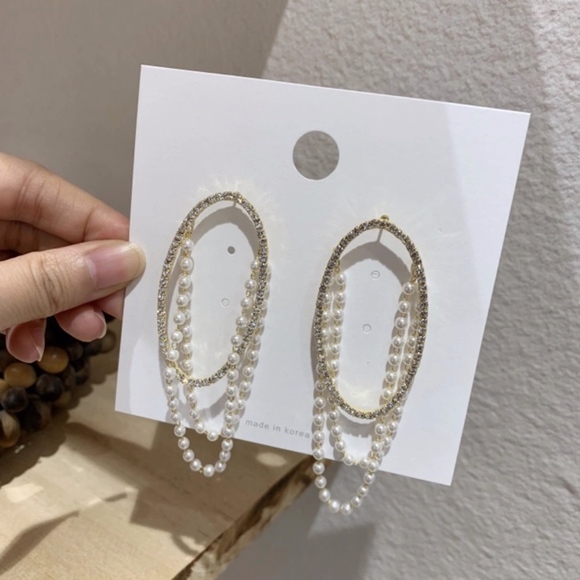 Oval Hoop Pearl Strands Drop Rhinestone Earrings - Picture 3 of 11